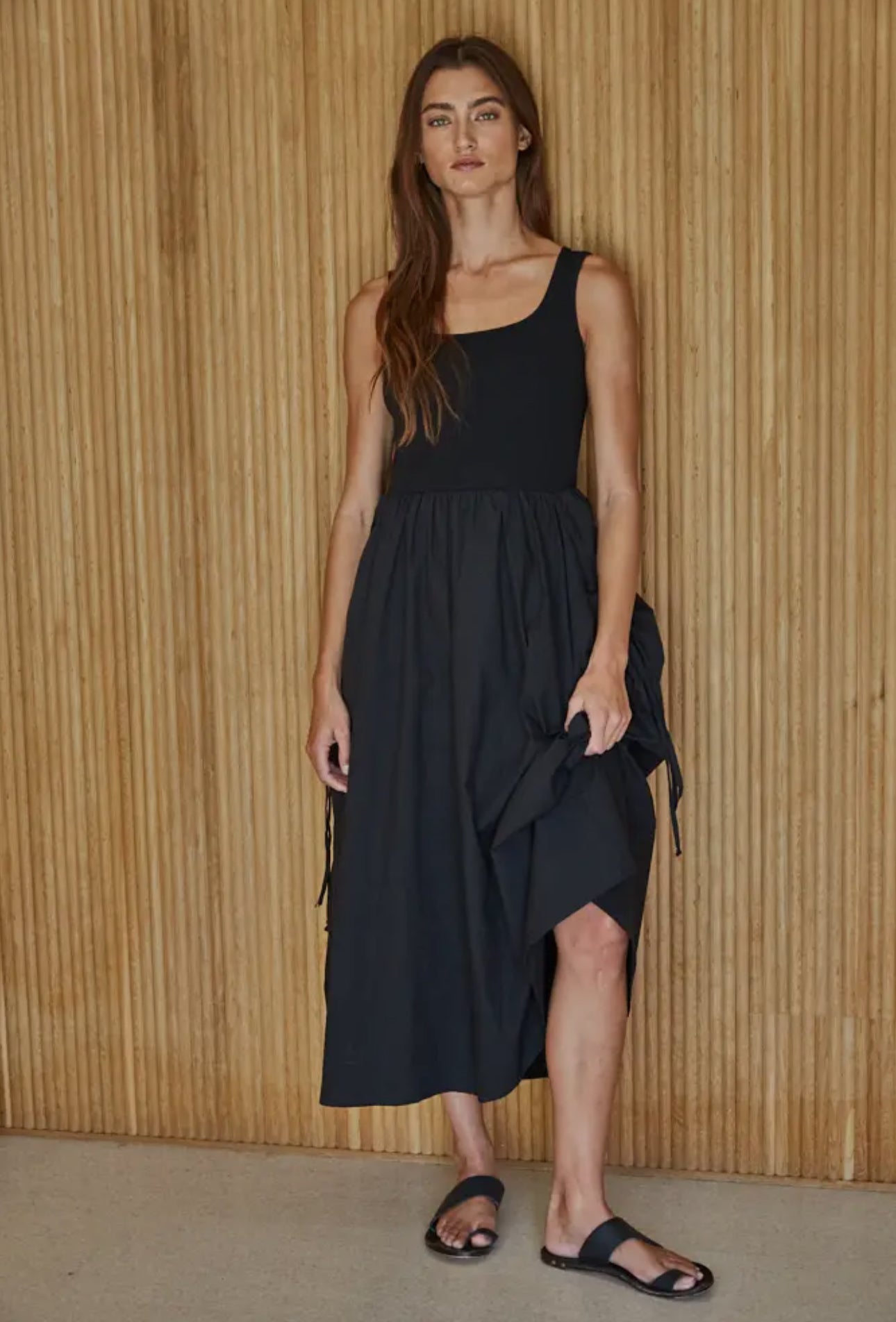 Knit Stripe Ribbed Bodice Dress- Black