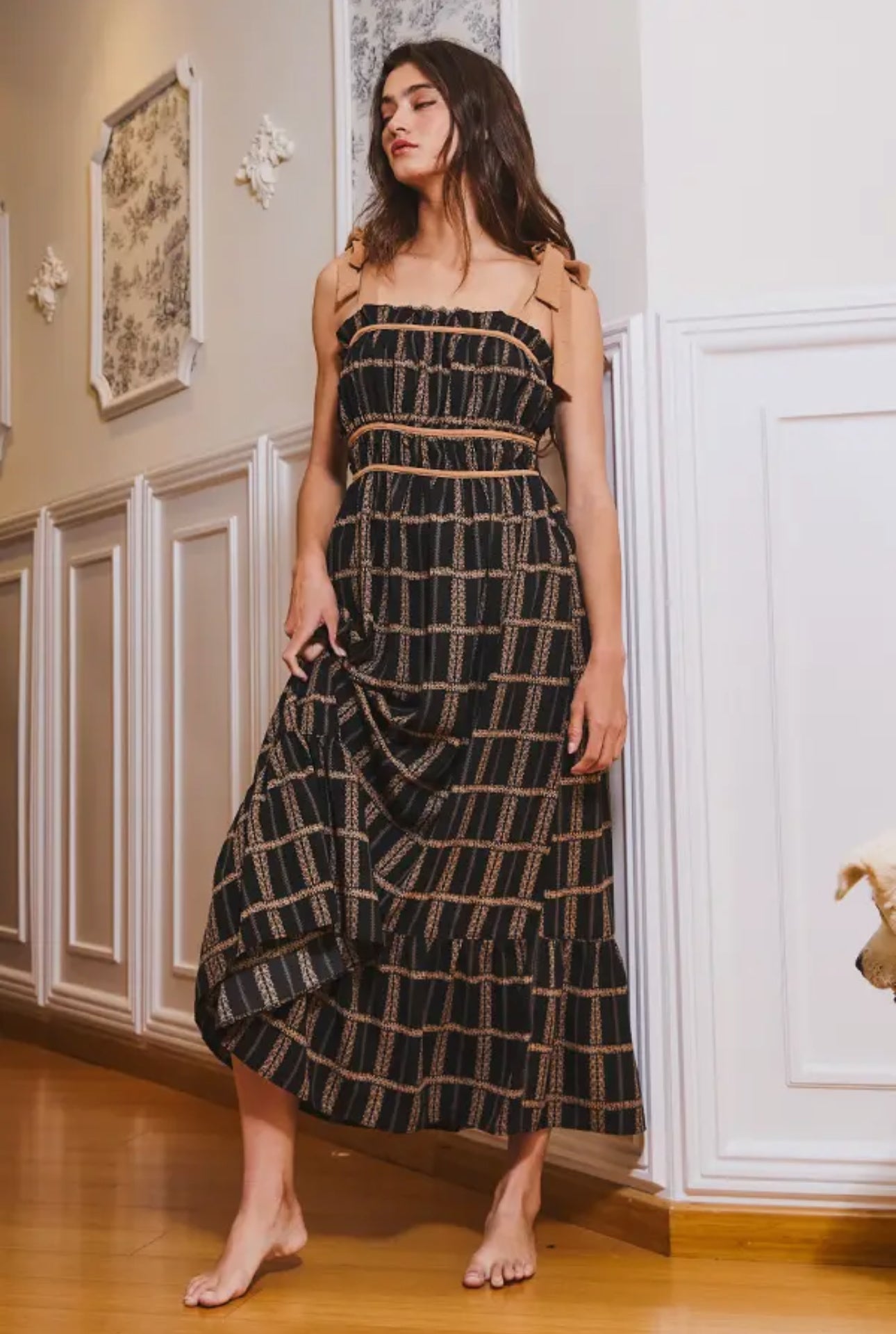 Self Tie Shoulder Plaid Print Midi Dress