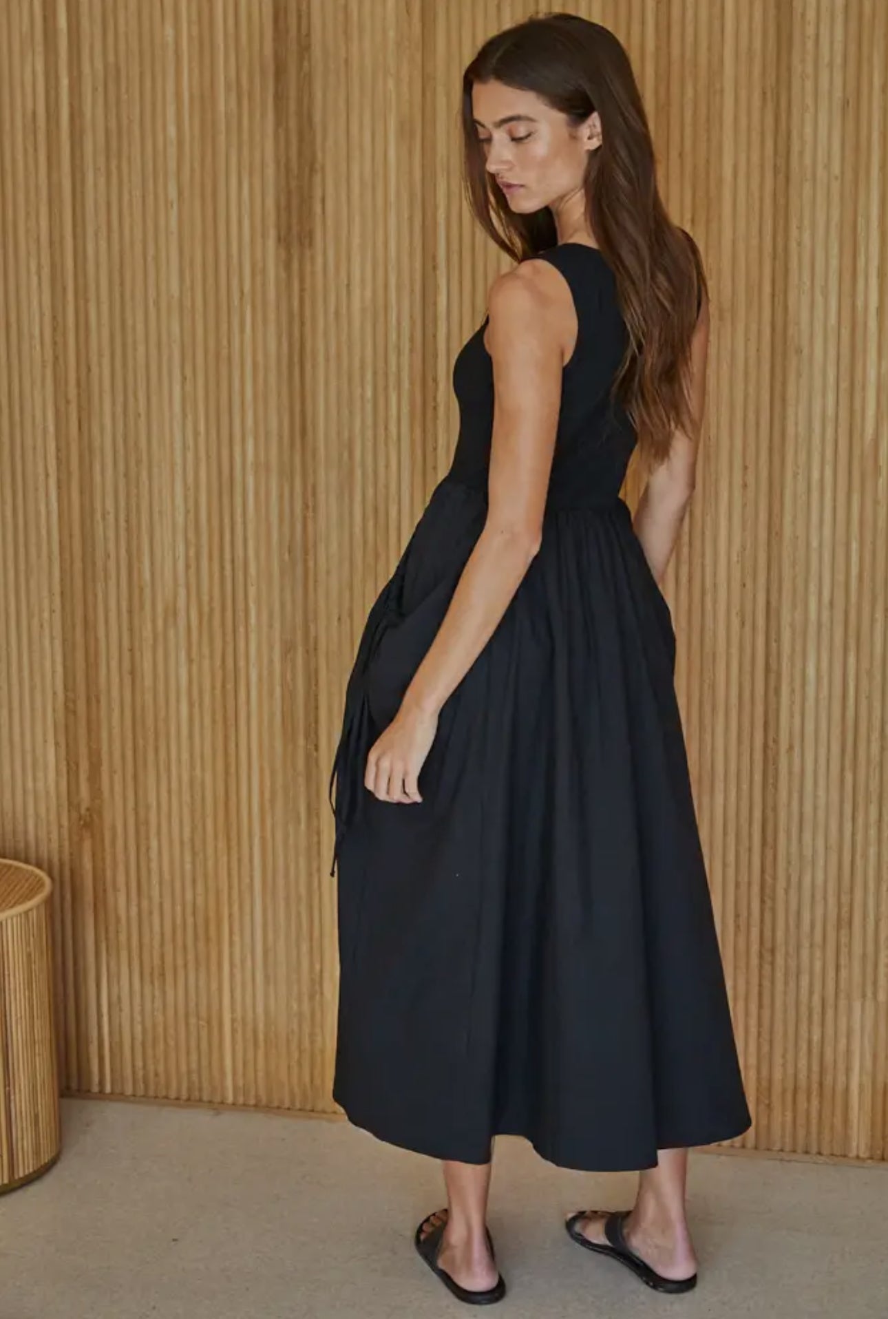 Knit Stripe Ribbed Bodice Dress- Black