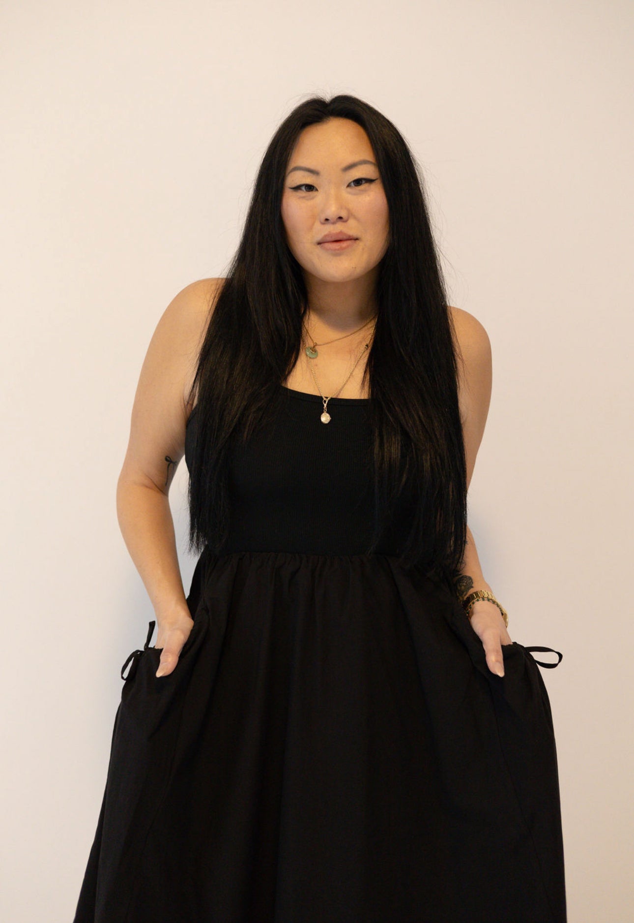 Knit Stripe Ribbed Bodice Dress- Black