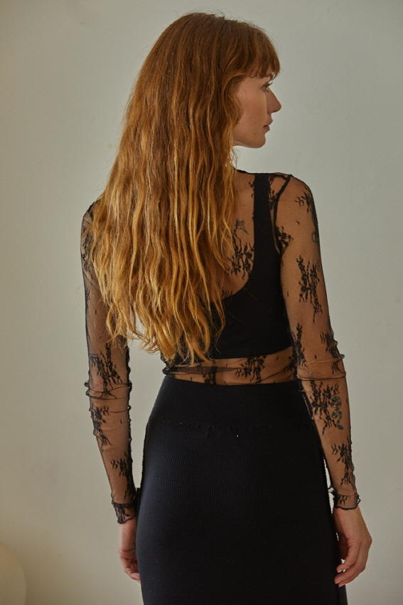 Knit Jacquard Lace Long Sleeve Mock Neck Top