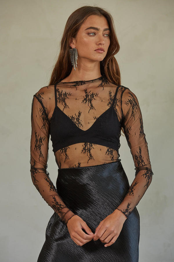 Knit Jacquard Lace Long Sleeve Mock Neck Top