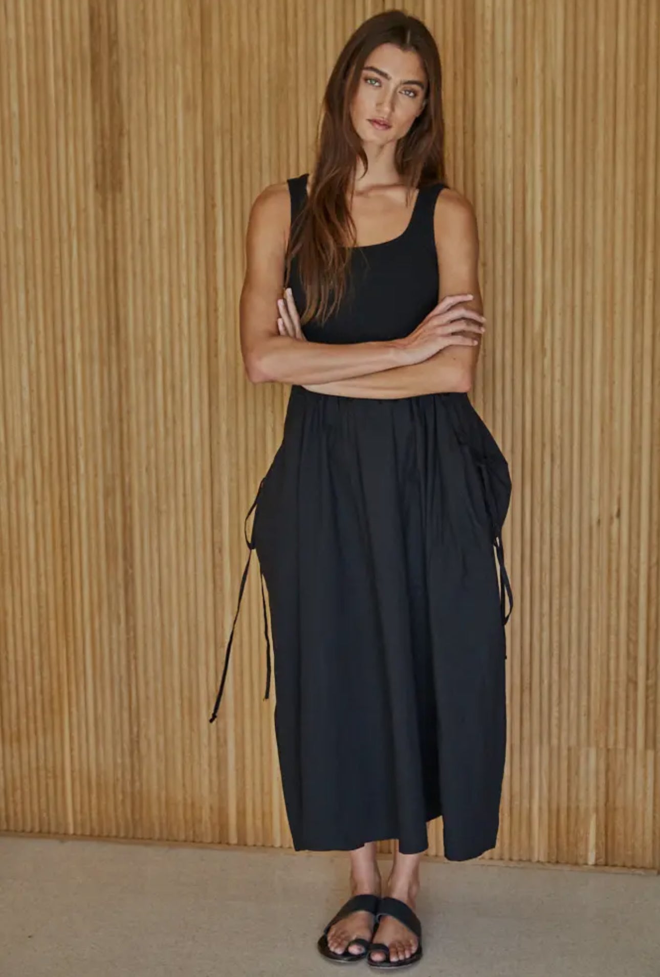 Knit Stripe Ribbed Bodice Dress- Black