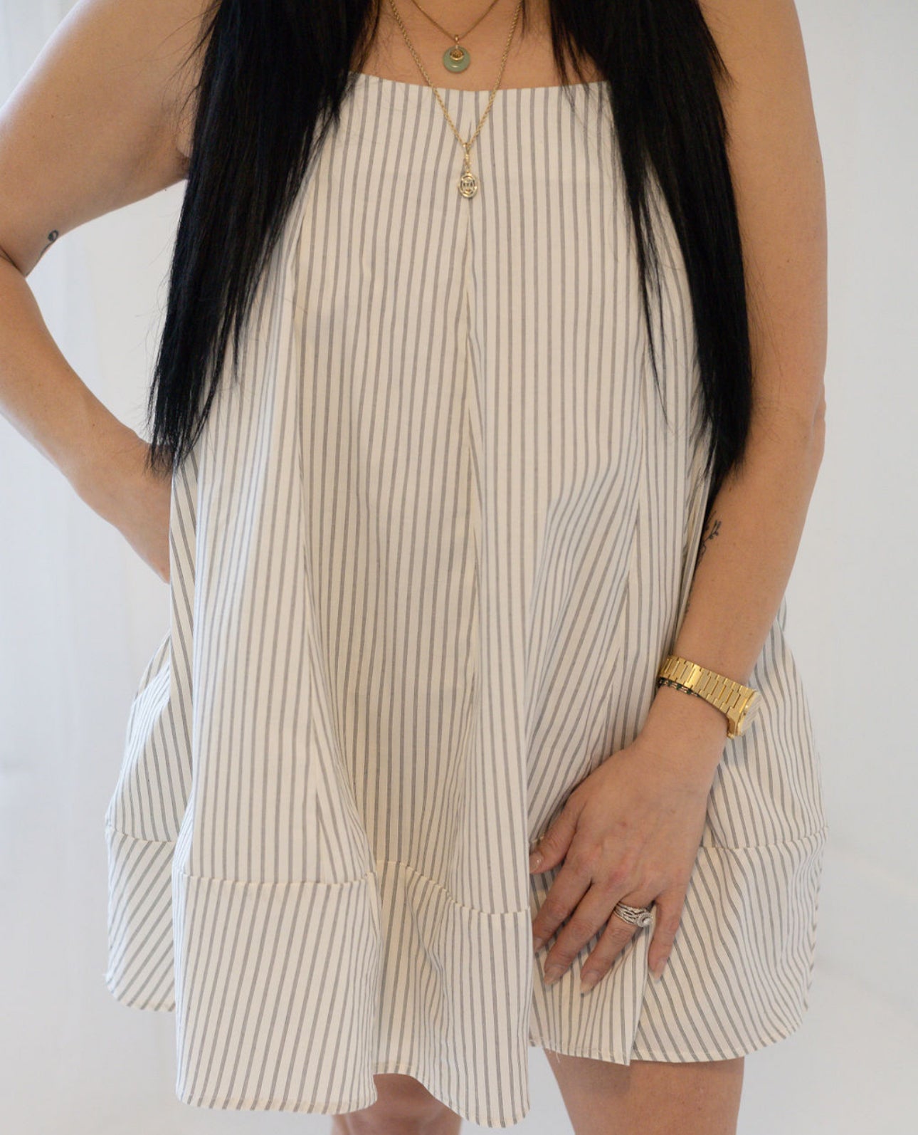 Tie Strap Voluminous Trapeze Stretch Striped Mini Dress