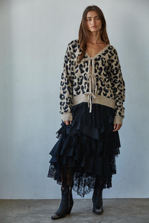 Animal Print V-Neck Tie Front Knit Cardigan Sweater