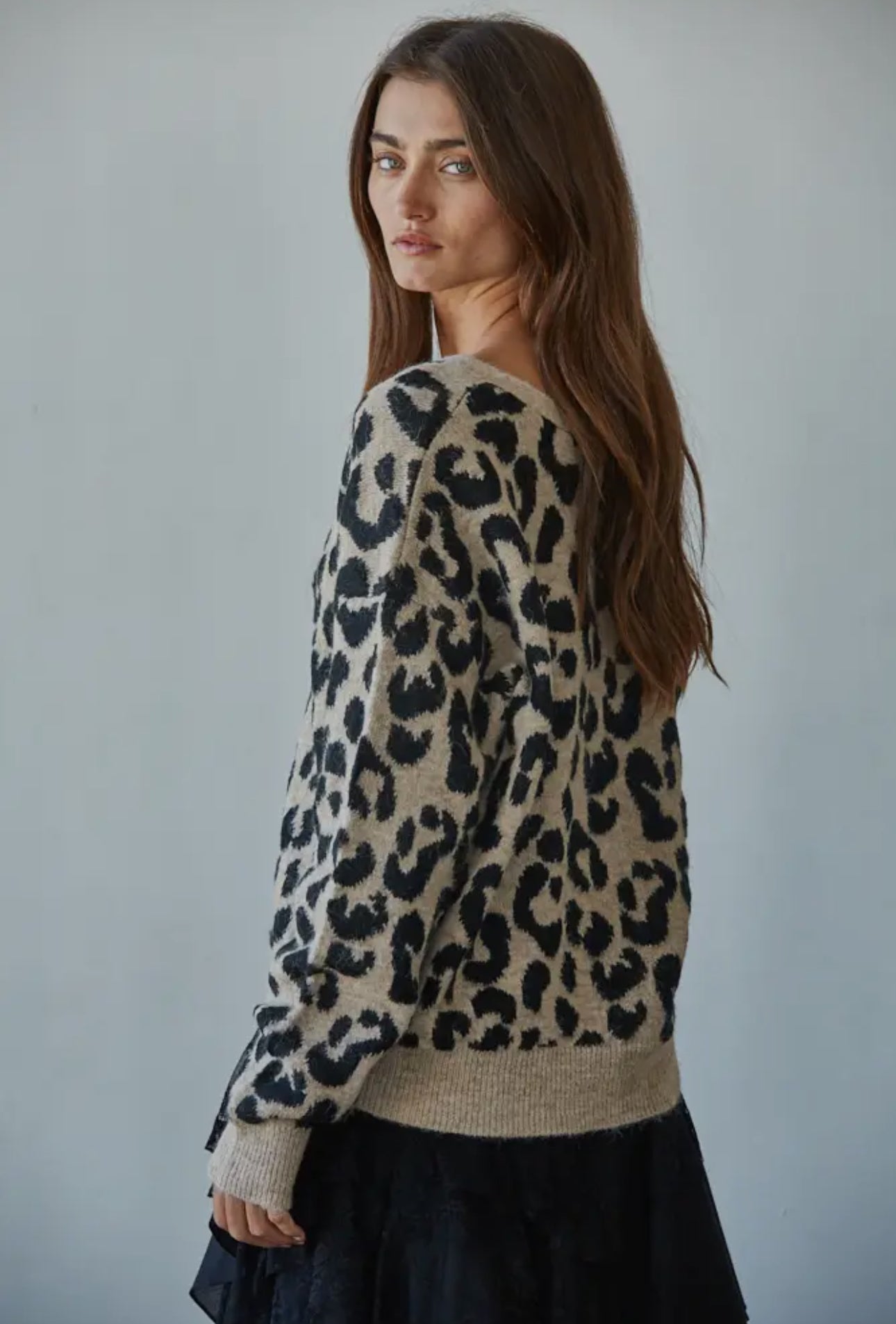 Animal Print V-Neck Tie Front Knit Cardigan Sweater
