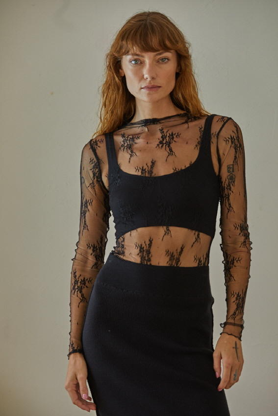 Knit Jacquard Lace Long Sleeve Mock Neck Top