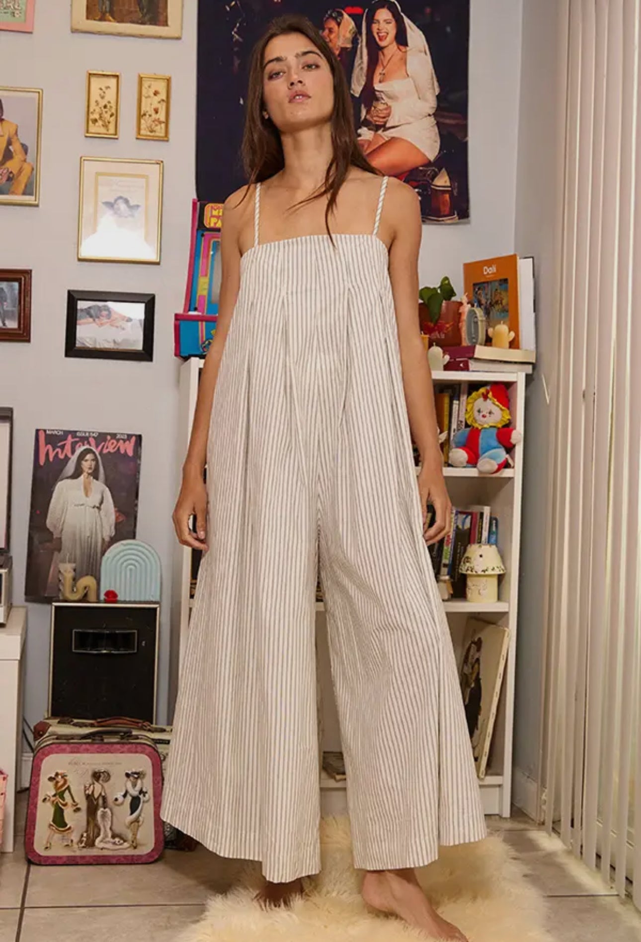Stripe Wide Leg Inverted Front Pleat Jumpsuit