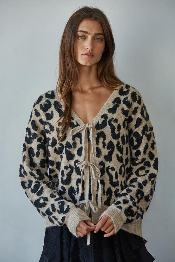 Animal Print V-Neck Tie Front Knit Cardigan Sweater