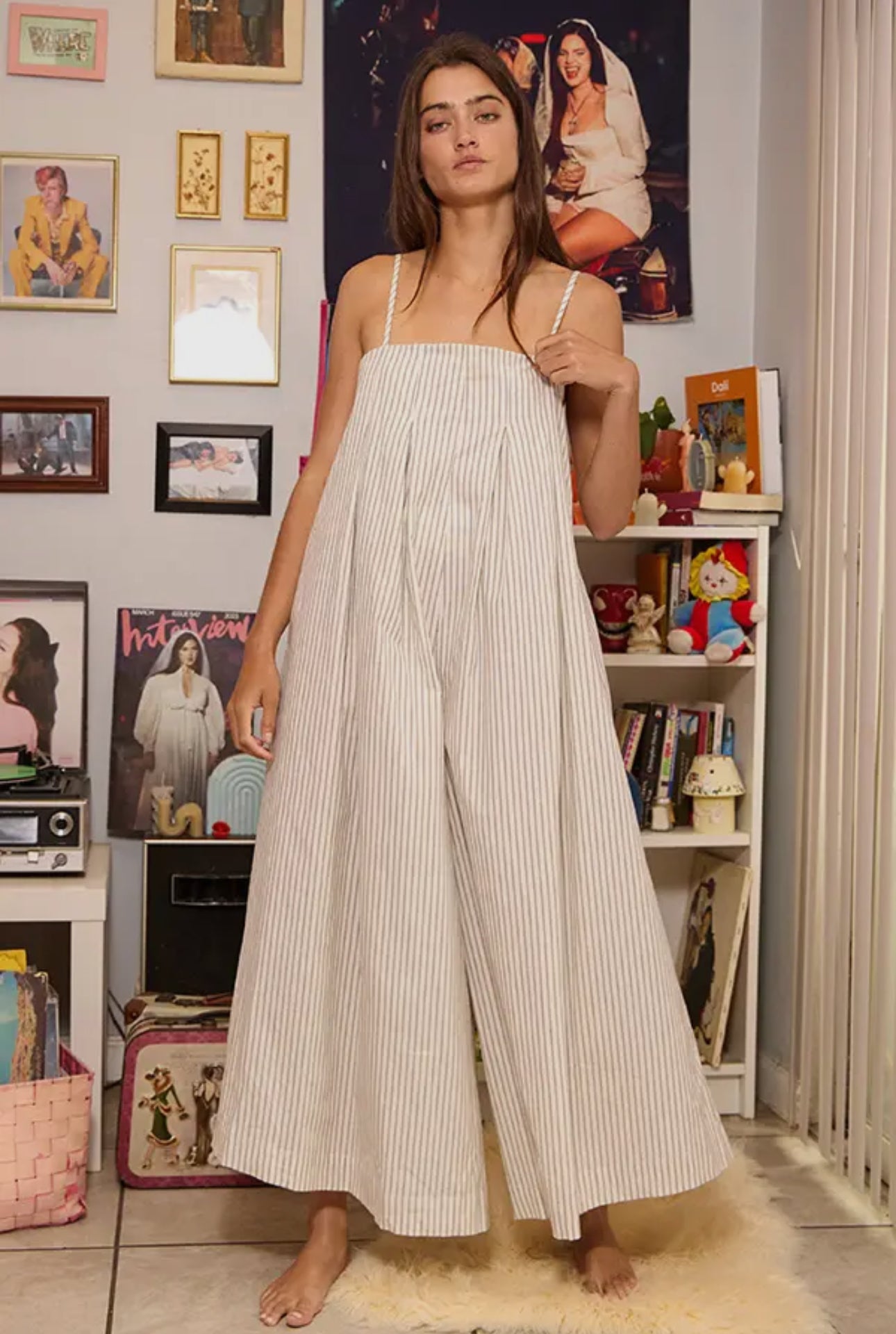 Stripe Wide Leg Inverted Front Pleat Jumpsuit