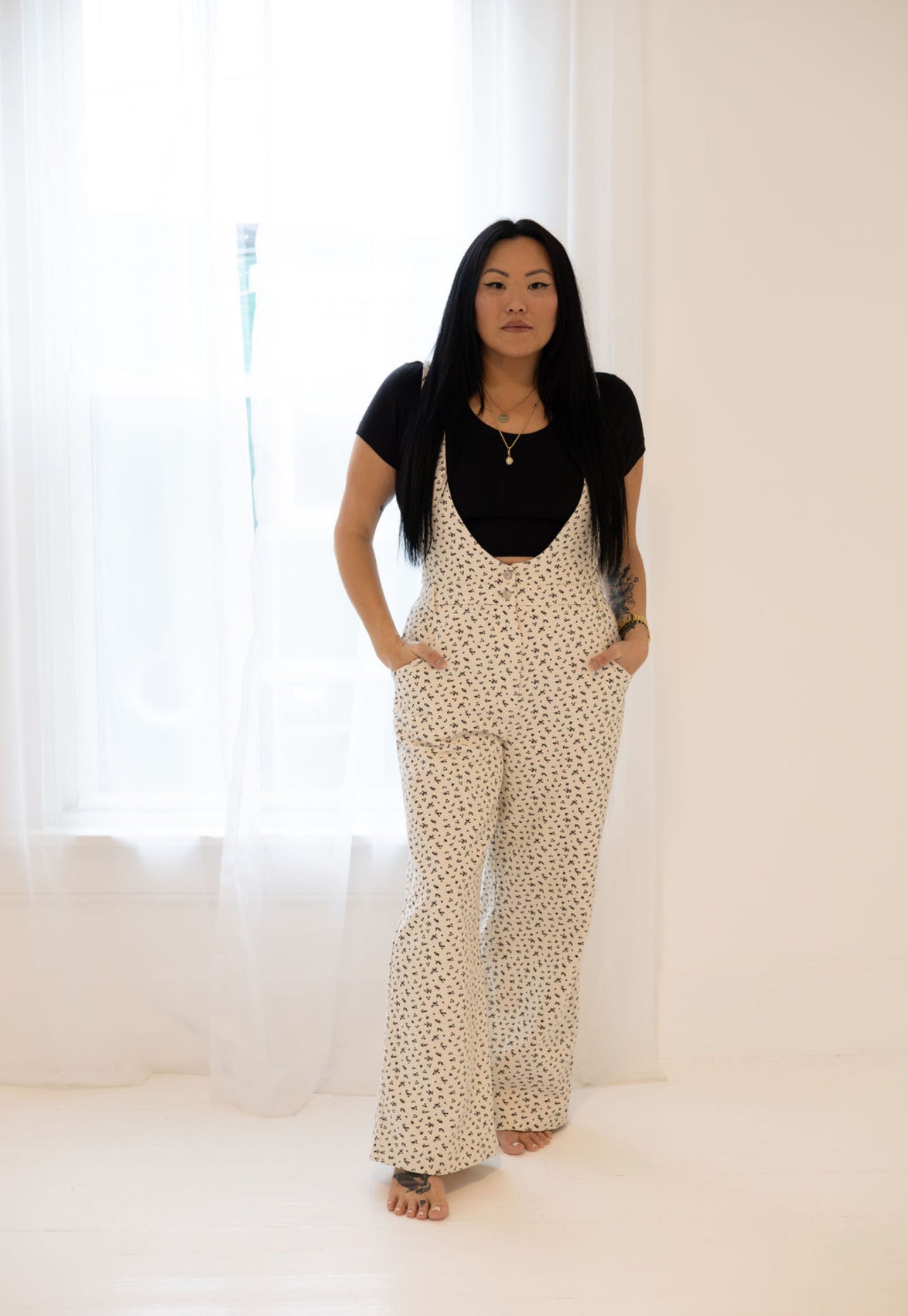 Floral Wide Shoulder Black and White Jumpsuit