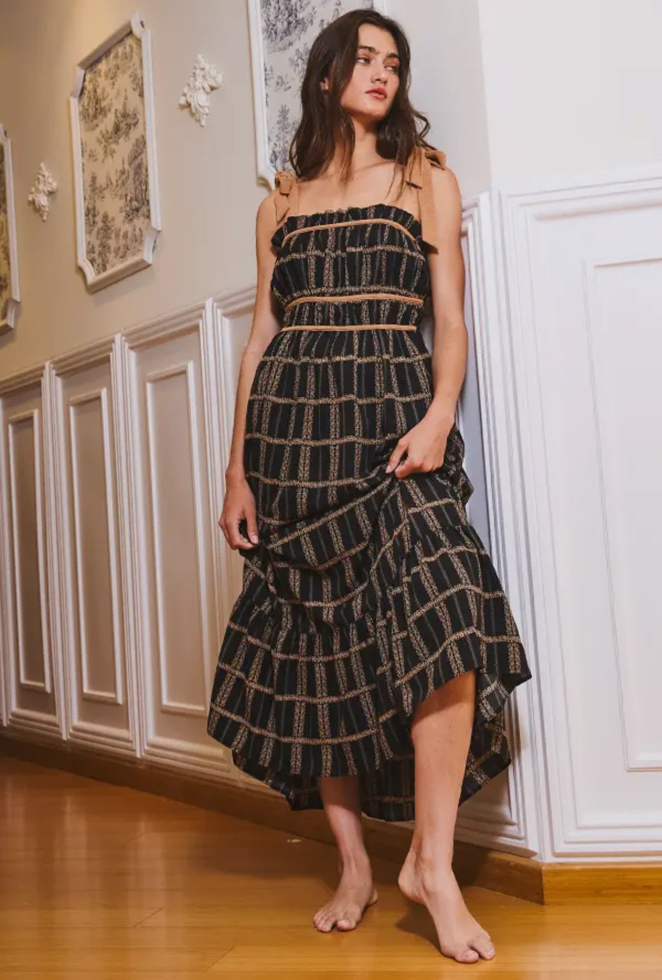 Self Tie Shoulder Plaid Print Midi Dress