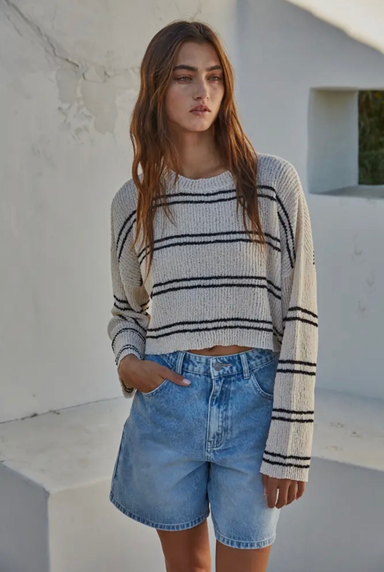 Knit Polyester Double Striped Long Sleeve Top