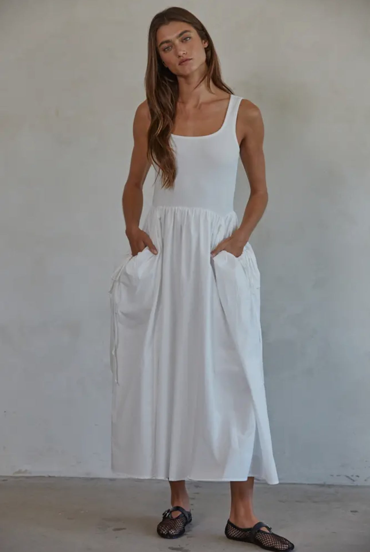 Knit Stripe Ribbed Bodice Dress- White