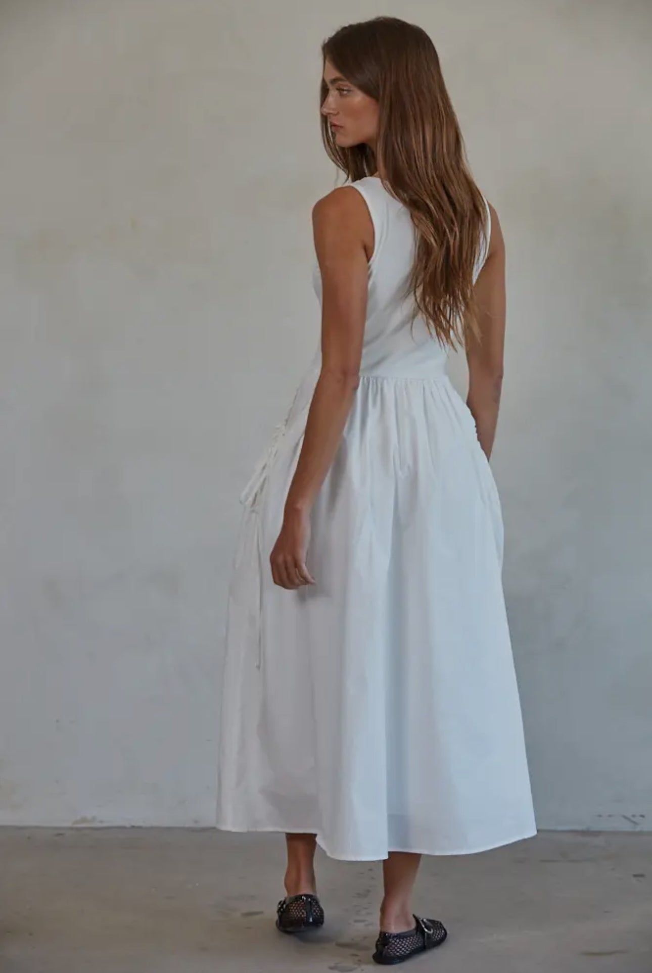 Knit Stripe Ribbed Bodice Dress- White