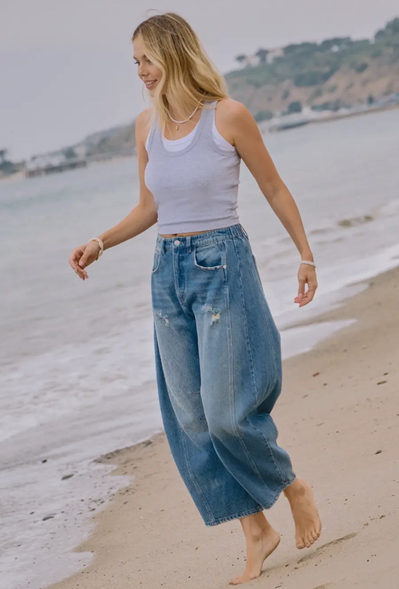 Washed Barrel Denim with Distressed Detail