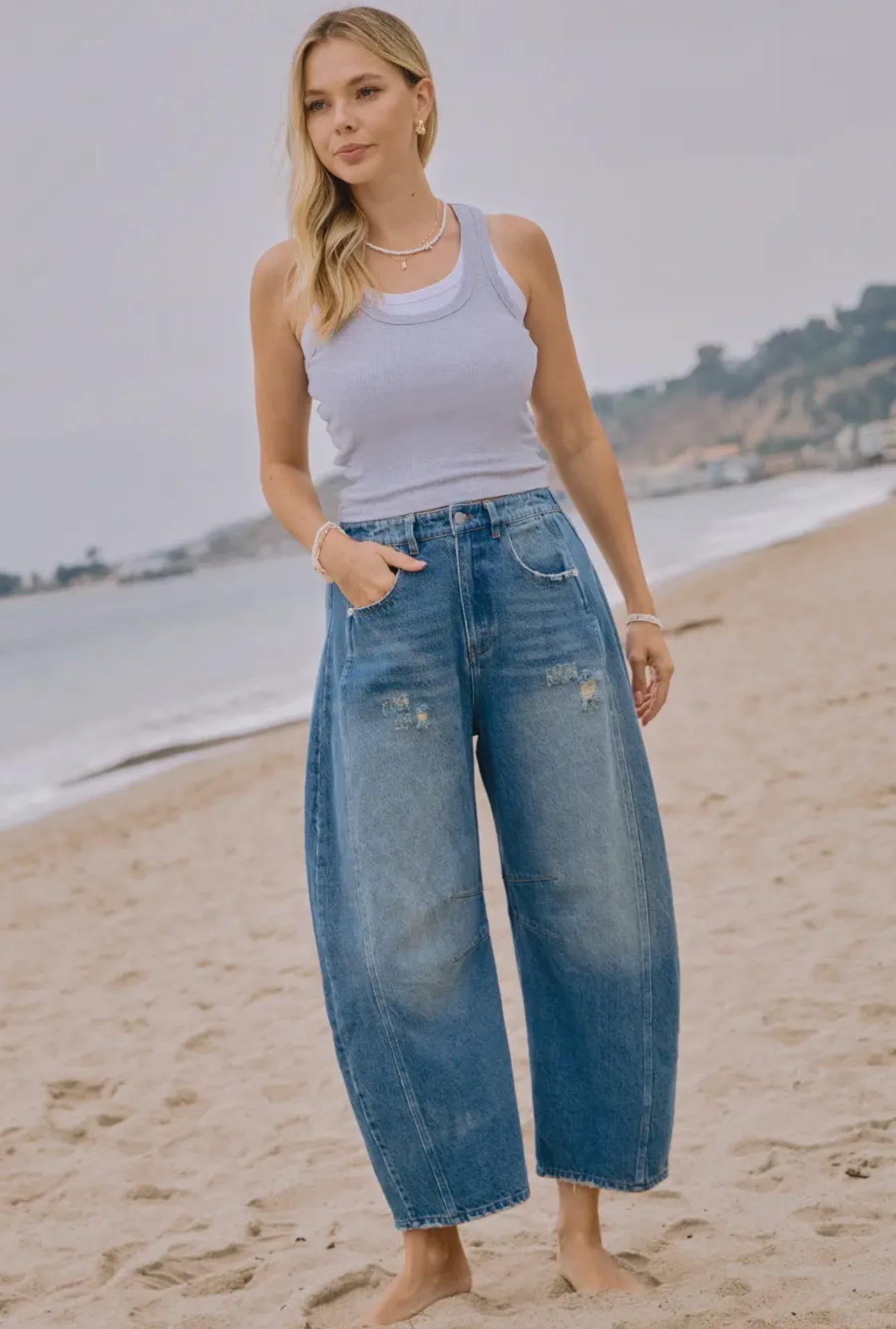 Washed Barrel Denim with Distressed Detail