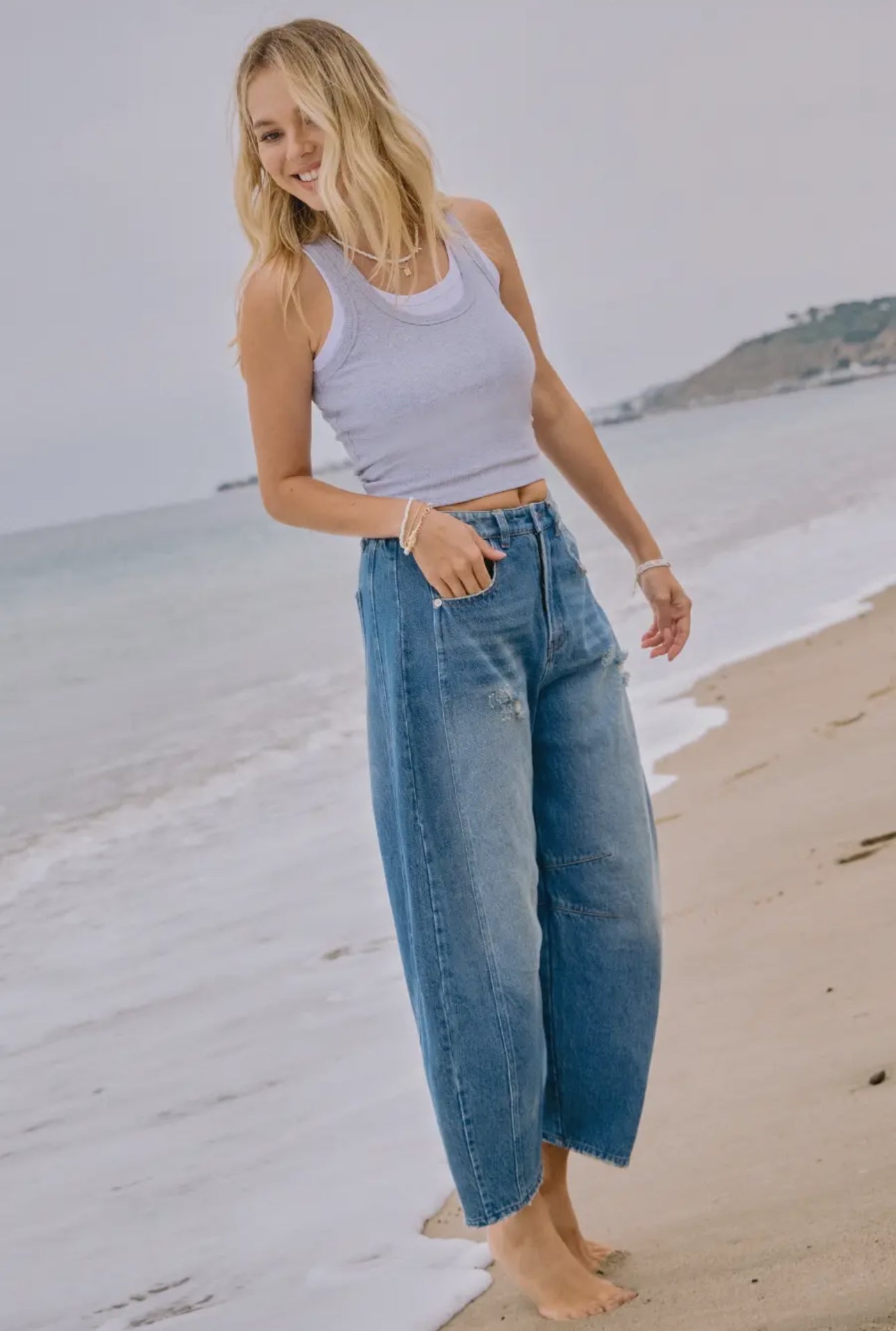 Washed Barrel Denim with Distressed Detail