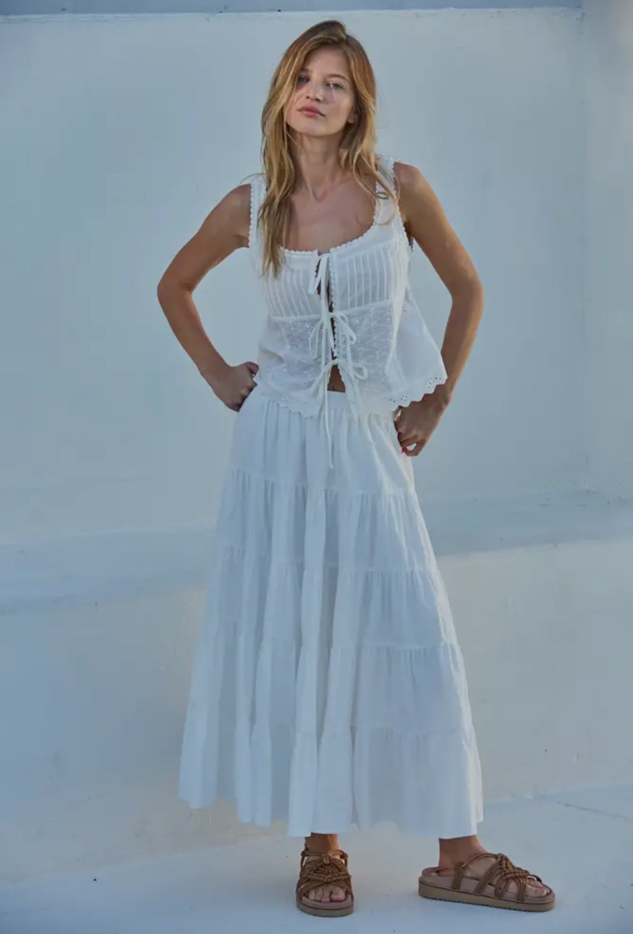 Woven Cotton Eyelet Square Neck Sleeveless Top