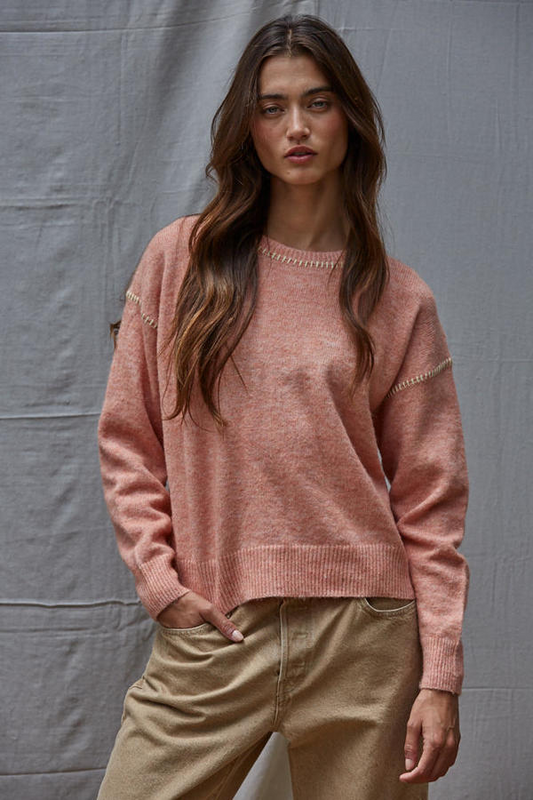 Dusty Coral Knit Sweater with contrast Stitches Detail