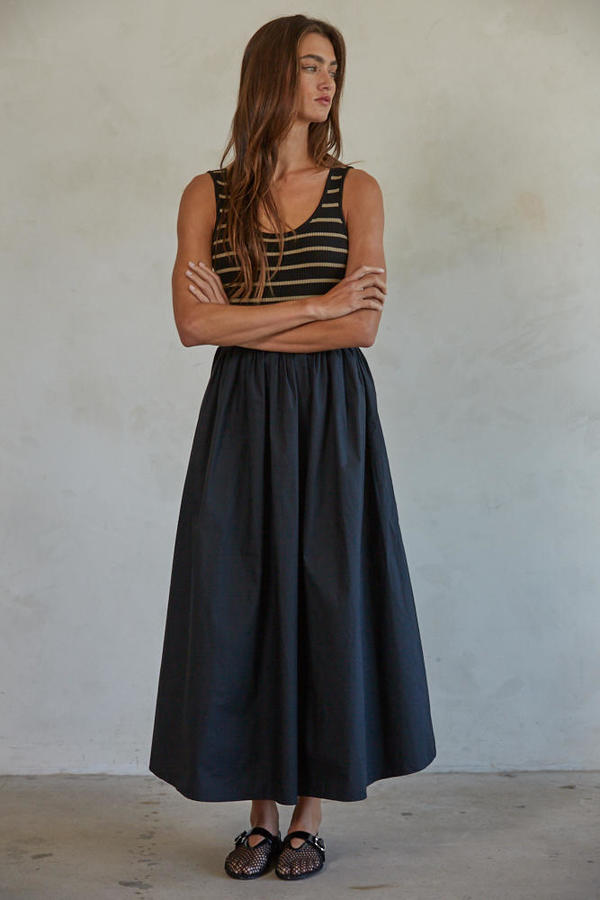 Knit Striped Ribbed Tank Bodice Woven Flare Dress