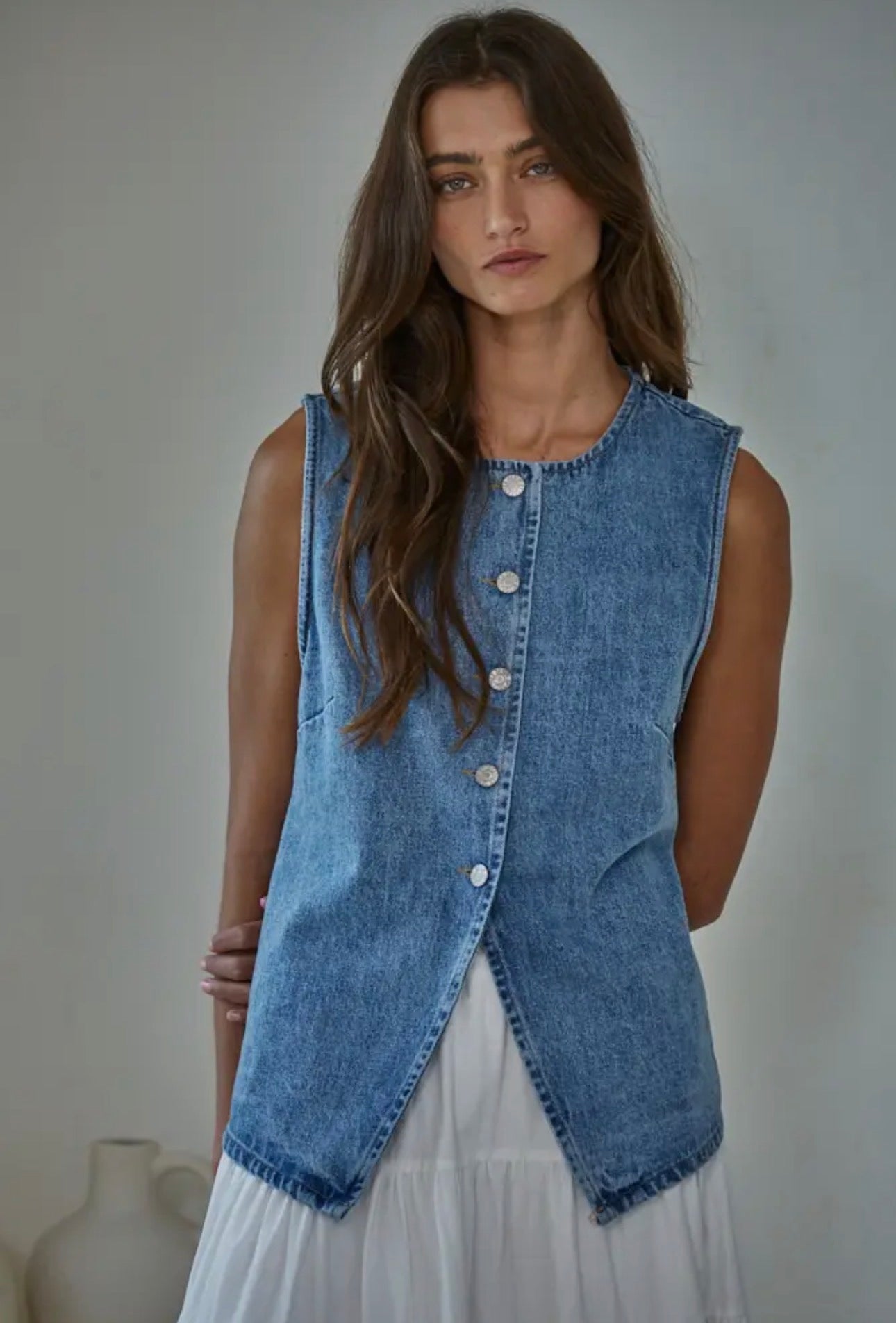 Denim Cotton Viscose Polyester Button
Down Vest Top