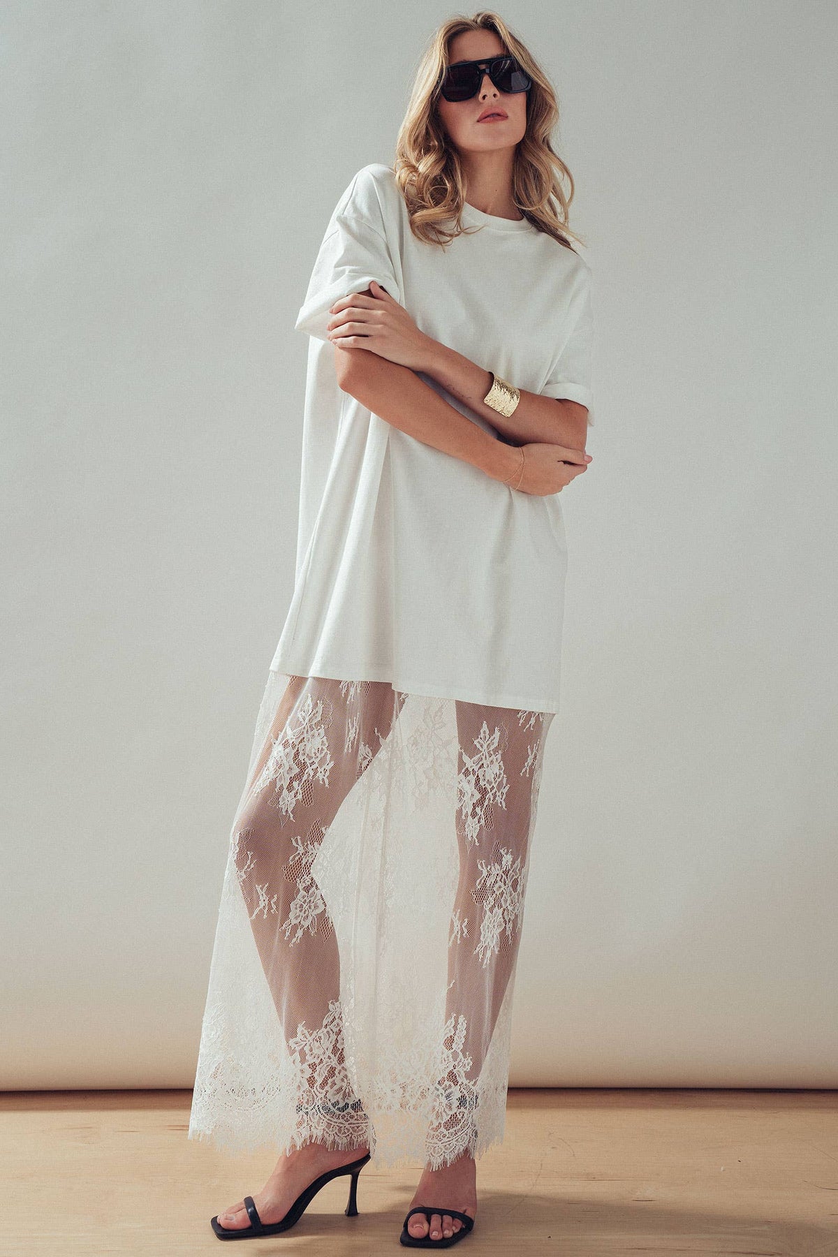 T-Shirt Dress with Sheer Lace Skirt: White