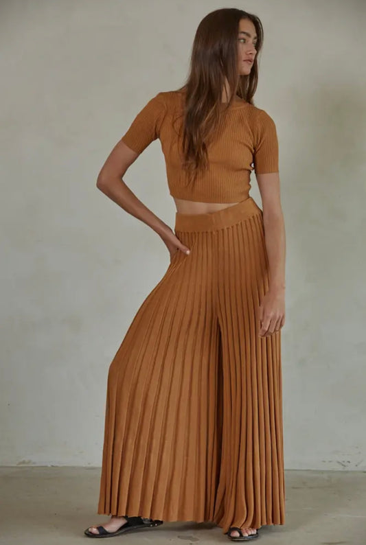 Camel Knit Sweater Ribbed Flare Pants