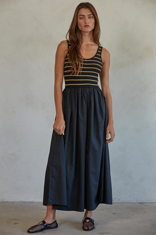 Knit Striped Ribbed Tank Bodice Woven Flare Dress
