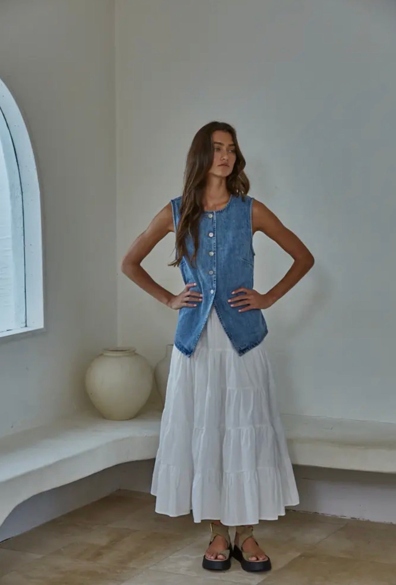 Denim Cotton Viscose Polyester Button
Down Vest Top