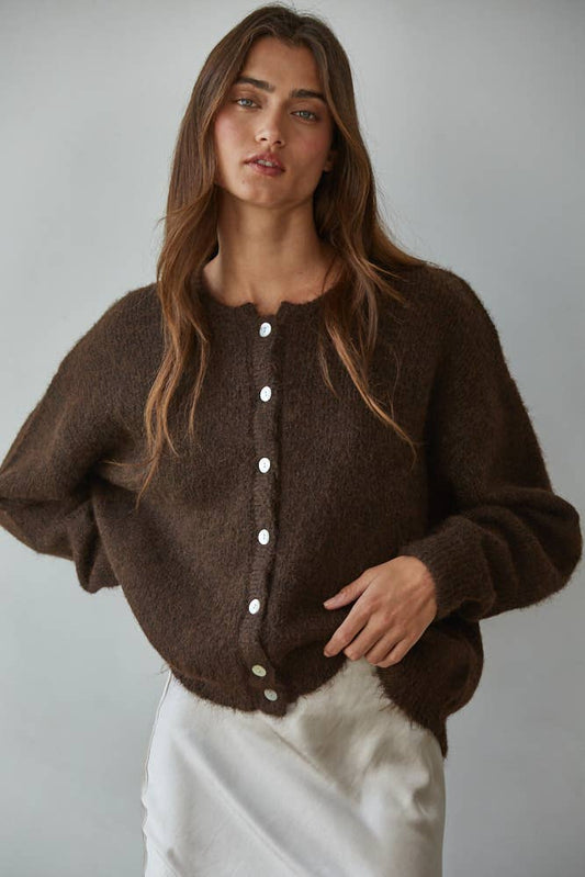 Knit Sweater Round Neck Long Sleeve Cardigan Top: Dark Chocolate