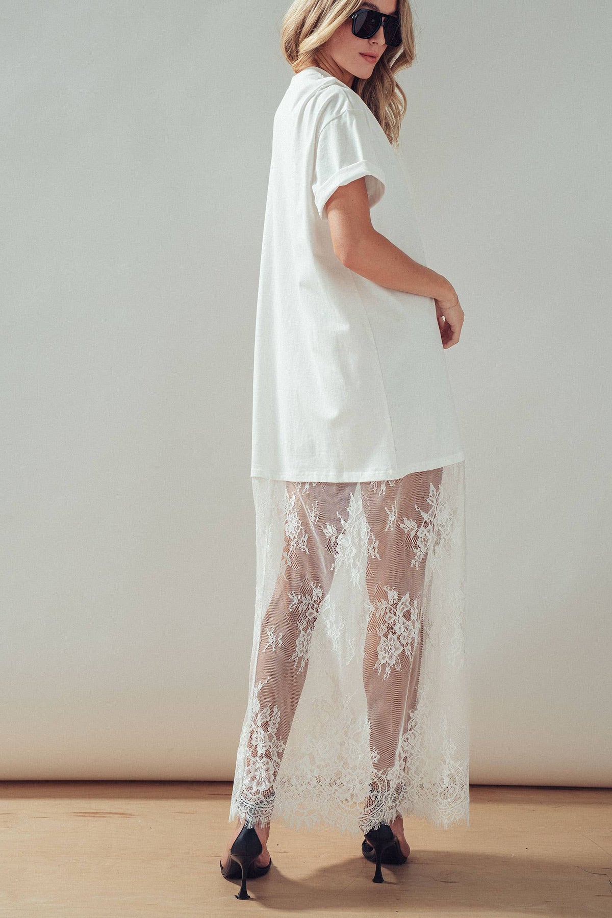 T-Shirt Dress with Sheer Lace Skirt: White