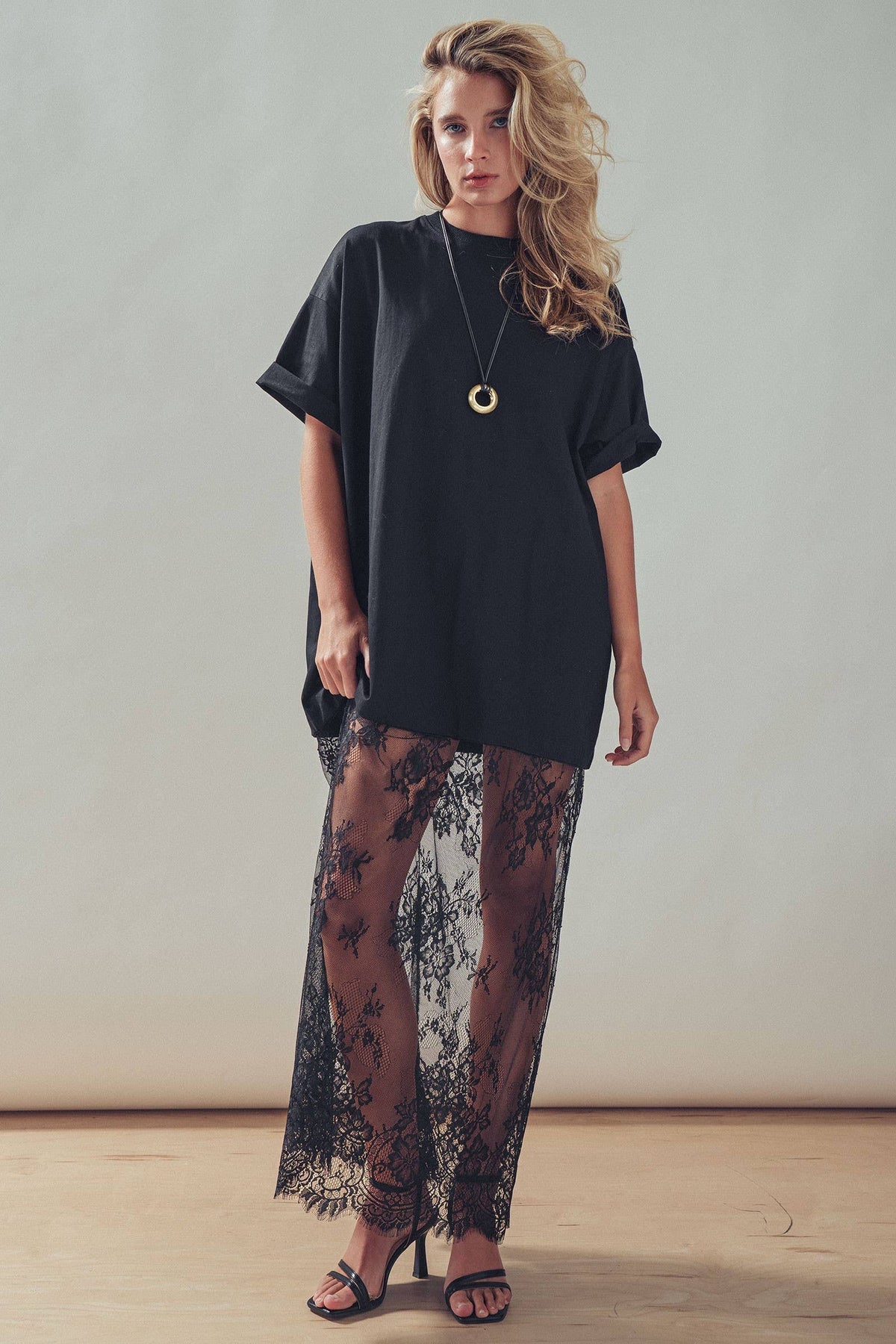 T-Shirt Dress with Sheer Lace Skirt- Black