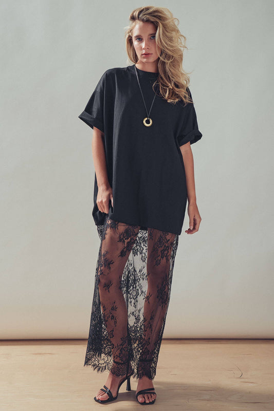 T-Shirt Dress with Sheer Lace Skirt- Black