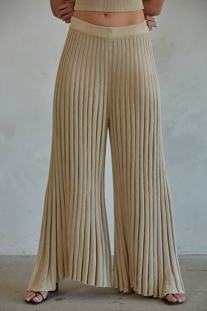 Taupe Knit Sweater Ribbed Flare Pants