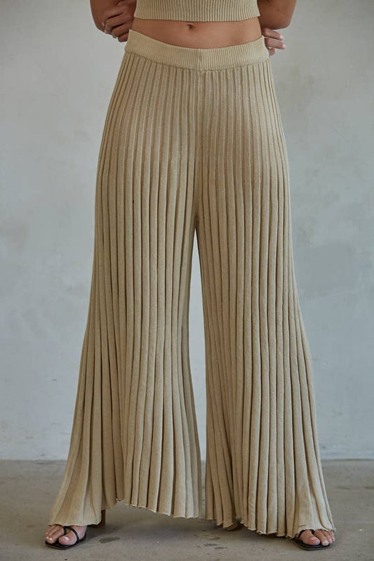 Taupe Knit Sweater Ribbed Flare Pants