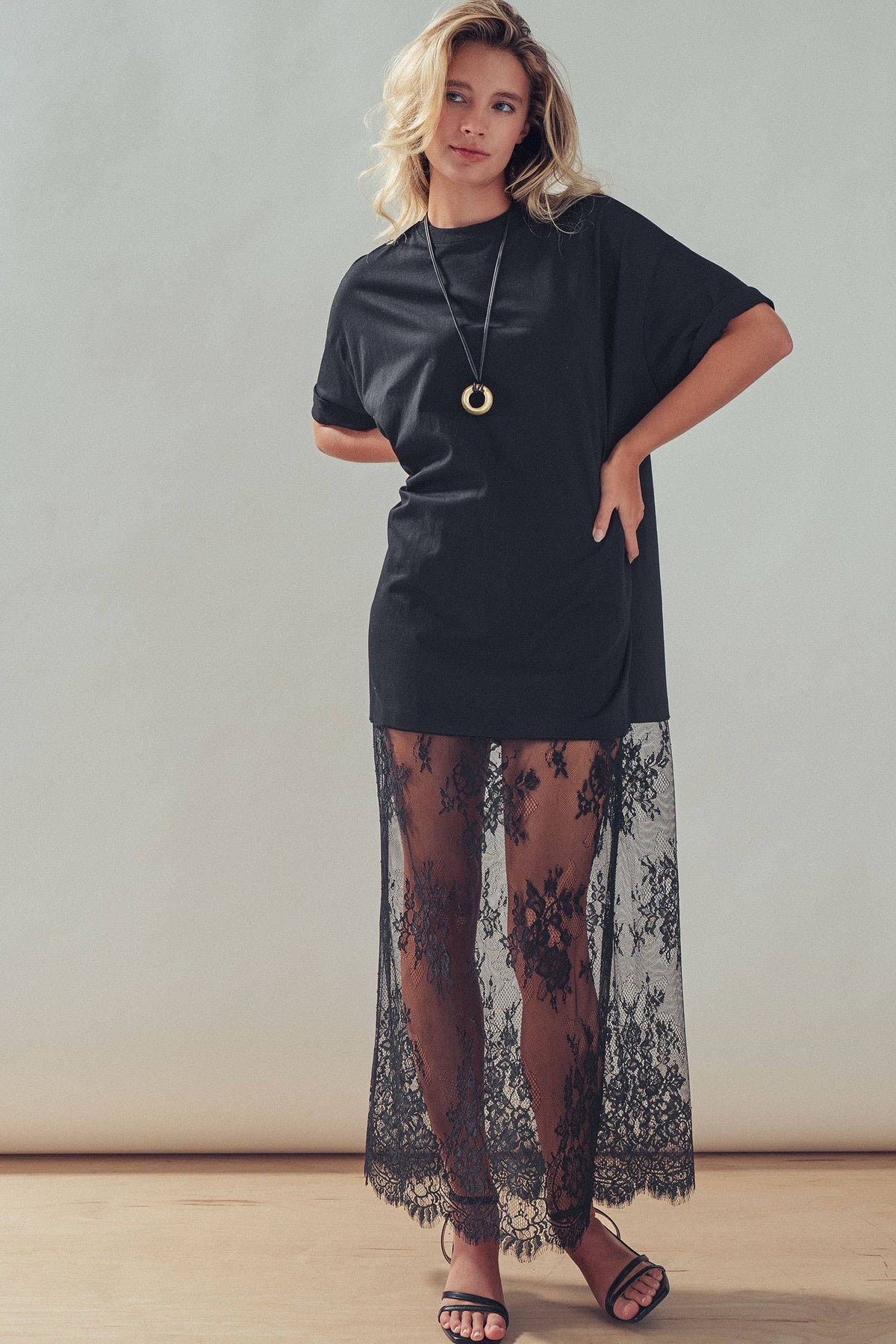 T-Shirt Dress with Sheer Lace Skirt- Black