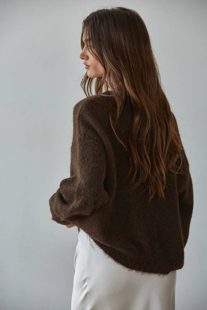 Knit Sweater Round Neck Long Sleeve Cardigan Top: Dark Chocolate