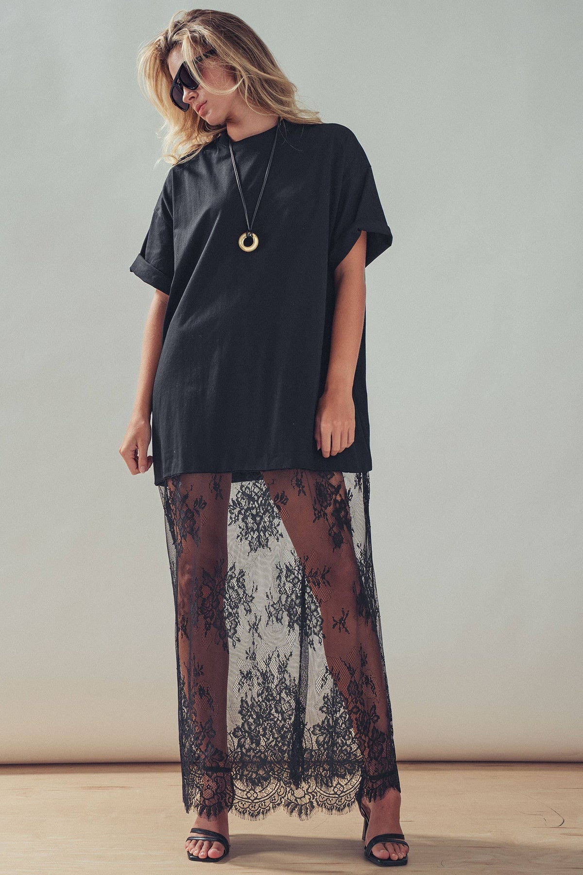 T-Shirt Dress with Sheer Lace Skirt- Black