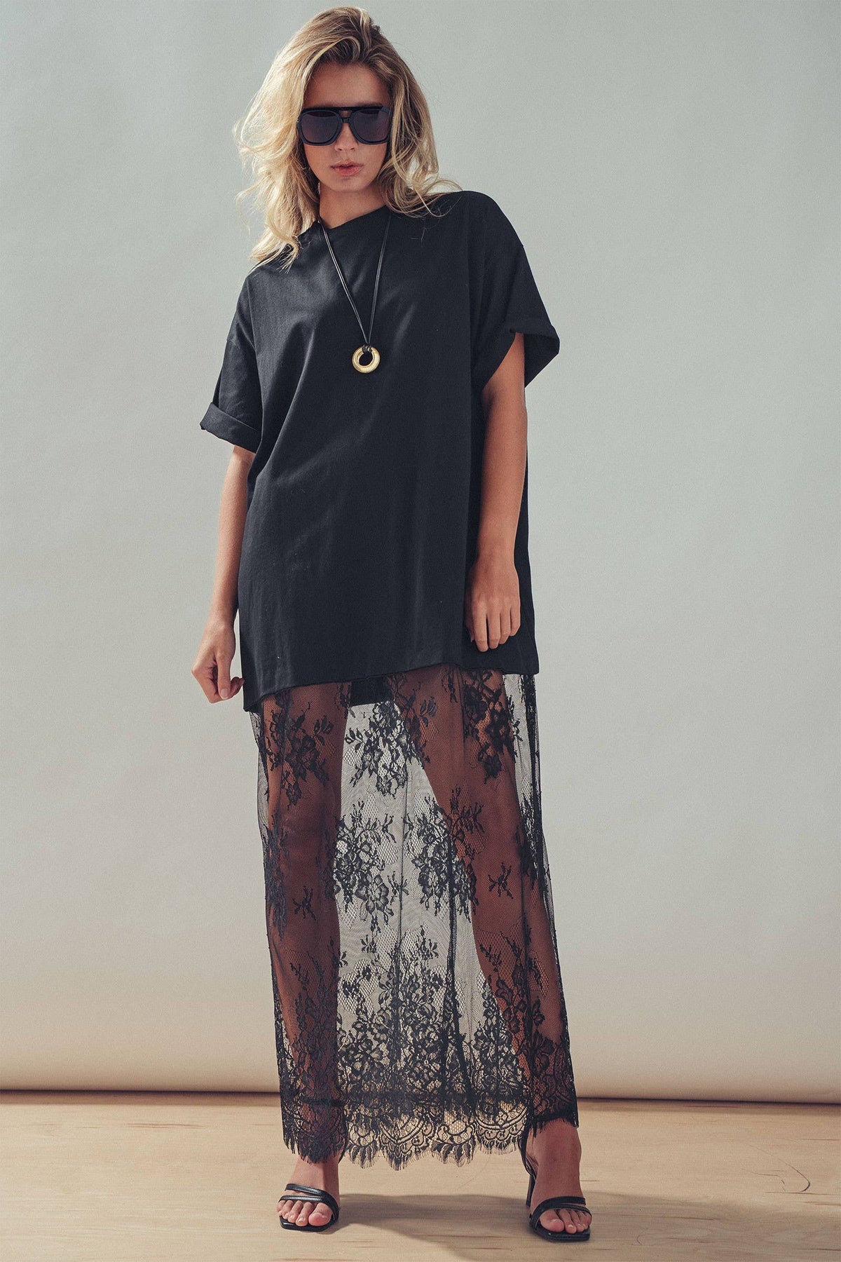 T-Shirt Dress with Sheer Lace Skirt- Black
