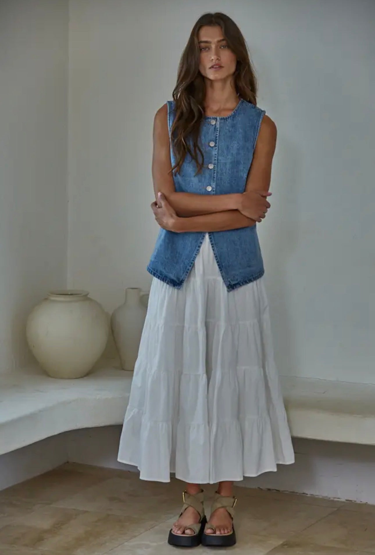 Denim Cotton Viscose Polyester Button
Down Vest Top