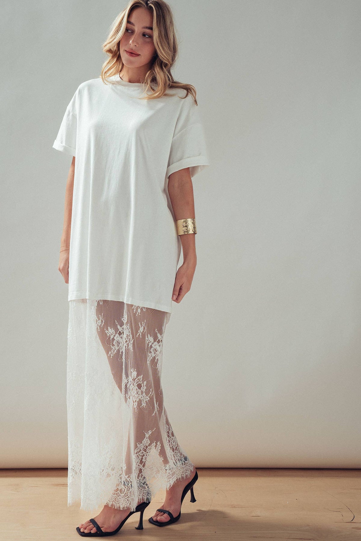 T-Shirt Dress with Sheer Lace Skirt: White