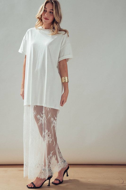 T-Shirt Dress with Sheer Lace Skirt: White