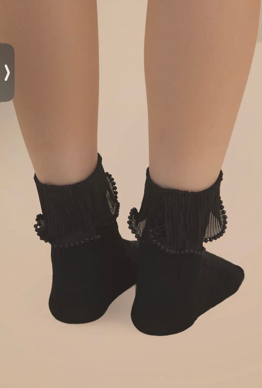 Lace Trim w/ Beads Crew Socks
