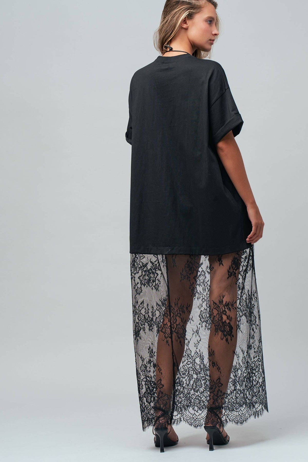 T-Shirt Dress with Sheer Lace Skirt- Black