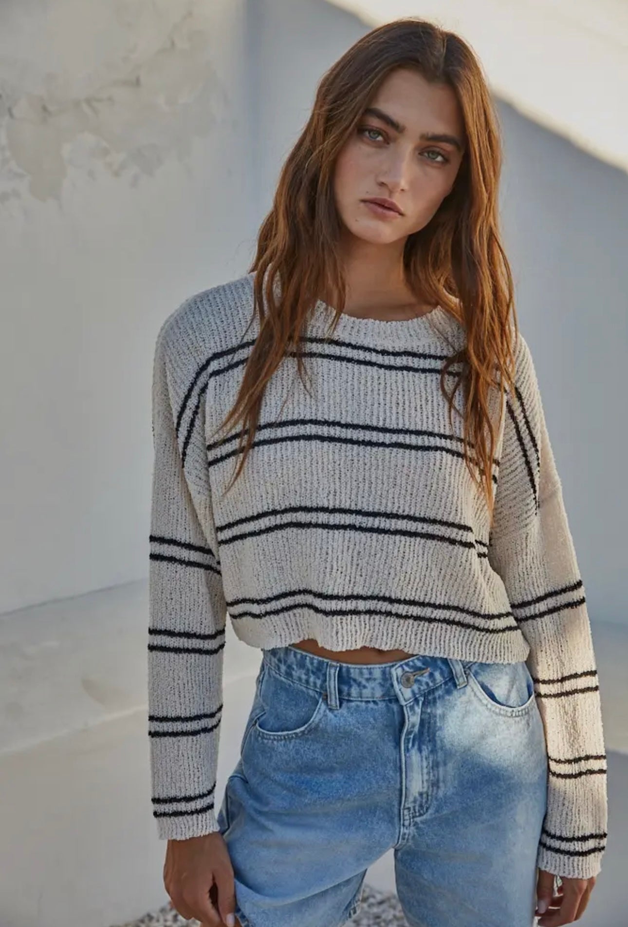 Knit Polyester Double Striped Long Sleeve Top