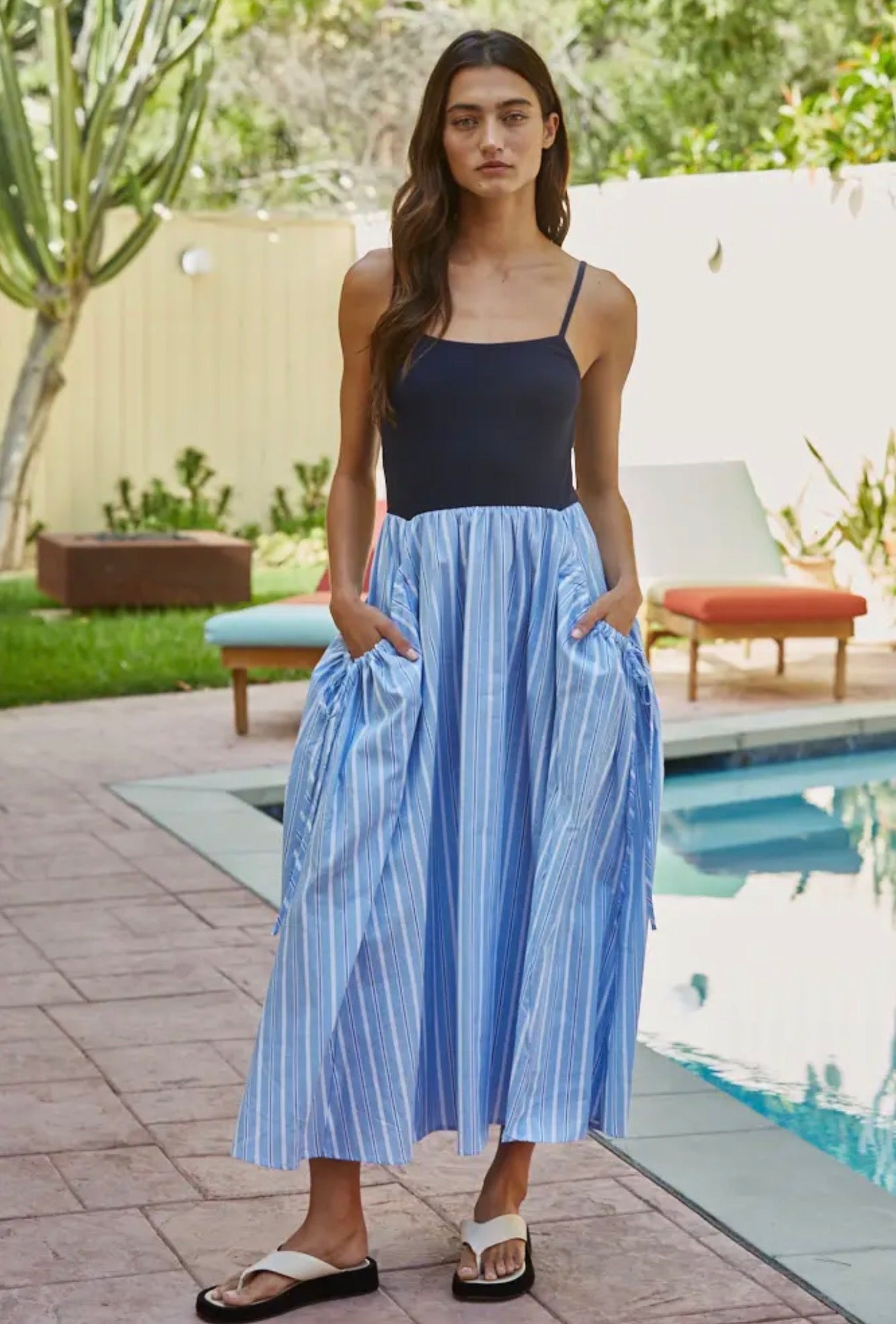 Woven Cotton Striped Skirt Knit Ribbed
Bodice Dress