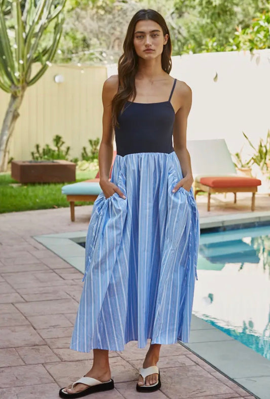 Woven Cotton Striped Skirt Knit Ribbed
Bodice Dress