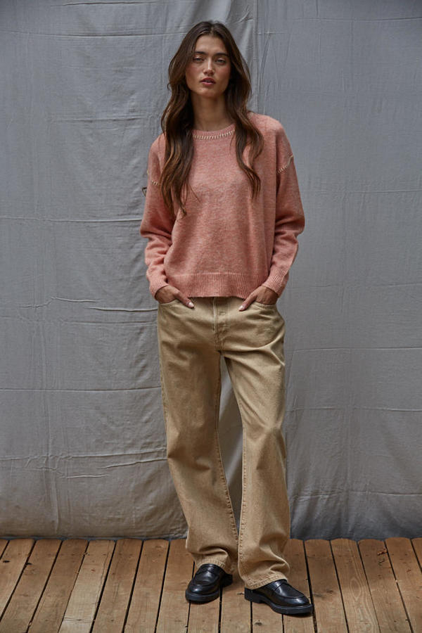 Dusty Coral Knit Sweater with contrast Stitches Detail