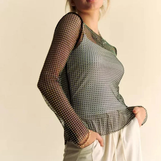 Sparkling Diamond Sheer Mesh Mock Neck Top